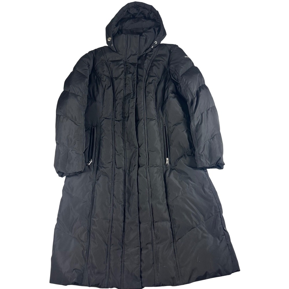 Calvin Klein Puffer Coat Womens L Black Zip Long Down Jacket Hooded Outdoor